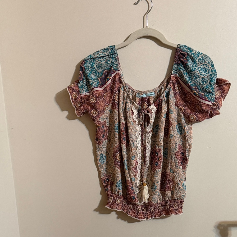 Maurices Teal and Brown Patterned Blouse